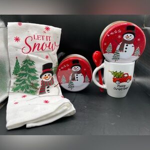 Snowman Holiday Towel & Snowman Tin Set or Hot Coco w/Spoon Mug & Tin Set-UPick